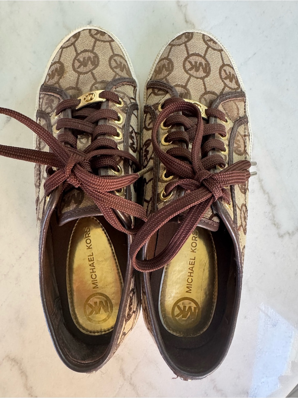 Michael Kors Brown and Beige Logo Canvas Lace-Up Platform Sneakers